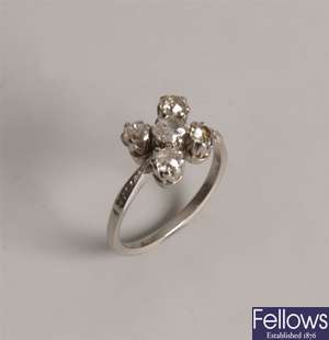 Five stone old cut diamond cruciform ring with