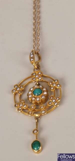 Edwardian 9ct gold turquoise and seed pearl set