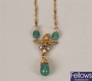 18k gold emerald and seed pearl set necklace,