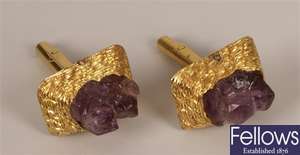 18ct gold amethyst set cufflinks, with central