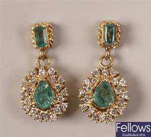 Emerald and diamond set dropper earrings, with a