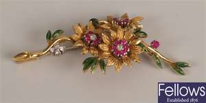 Ruby, diamond and enamelled floral design brooch