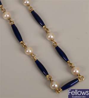 Cultured pearl and enamel necklet with a repeated