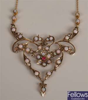 Edwardian 9ct gold ornate opal and ruby necklet