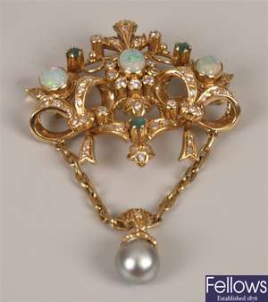 18ct gold diamond, opal, emerald and pearl set