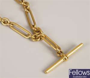 An 18ct gold Albert chain consisting of one long