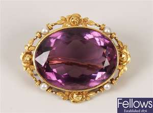 Victorian amethyst and pearl oval brooch set with
