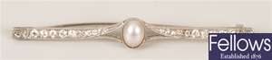 Cultured pearl and diamond bar brooch with a
