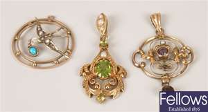 Three pendants to include a 9ct gold seed peal