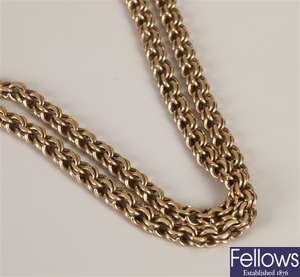 9ct gold fancy link longuard chain. Weight -