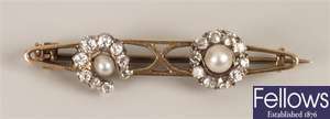 Diamond and cultured pearl set bar brooch, an