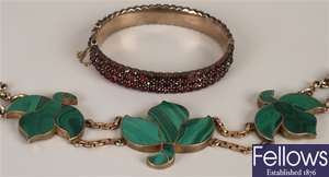 Two items, to include a metal malachite set