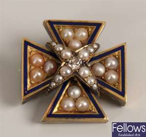Diamond, split pearl and enamelled Maltese cross