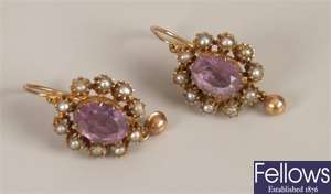 A pair of amethyst and seed pearl set cluster