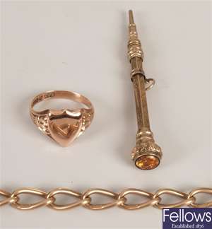 Three items, to include a 9ct gold stretched link