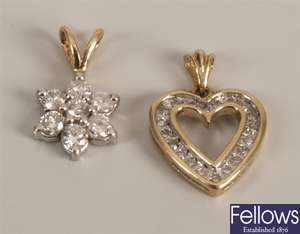 Two 9ct gold diamond set pendants, to include a