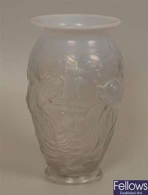 A Lalique style clear and opaque glass vase,