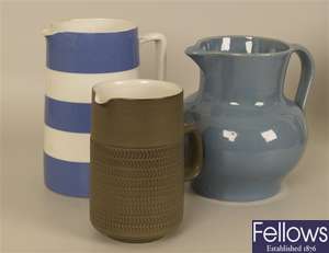 A T G Green jug, decorated with bands of blue and