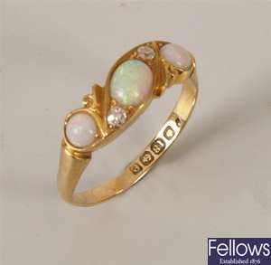 Edwardian 18ct gold opal and diamond set cluster
