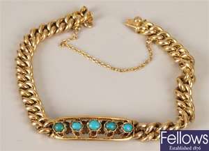 15ct gold turquoise set curb bracelet, with a