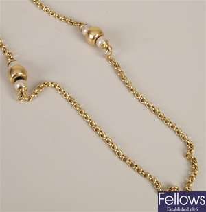 18ct gold cultured pearl set belcher chain, the
