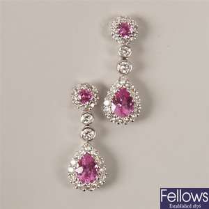 A pair of 18ct white gold pink sapphire and