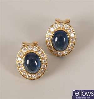 Pair of 18ct gold mounted oval cabouchon sapphire