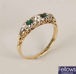18ct gold emerald and diamond five stone carved