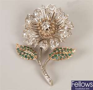 20th century diamond and emerald flower brooch -