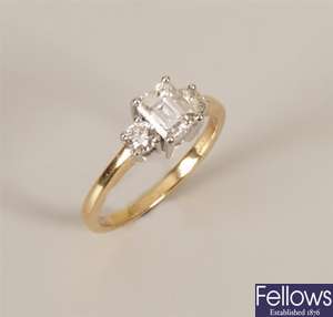18ct gold three stone diamond set ring, with a