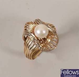 18ct gold diamond and cultured pearl ring in a