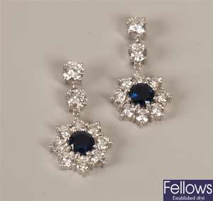 Pair of sapphire and diamond dropper earrings