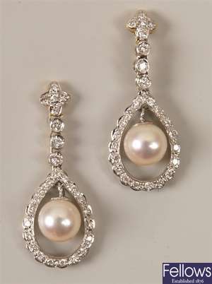 A pair of 18ct gold diamond and cultured pearl