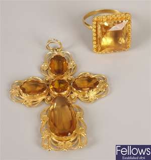 A citrine set ornate design cross pendant, set