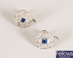 A pair of 9ct white gold sapphire and diamond set