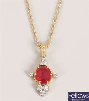 18ct gold red spinel and diamond set pendant,