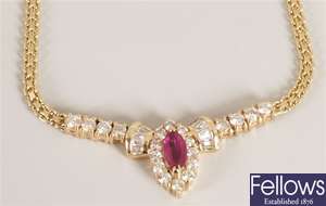 14K gold ruby and diamond set necklace, with a
