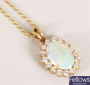 18K gold opal and diamond set cluster pendant,