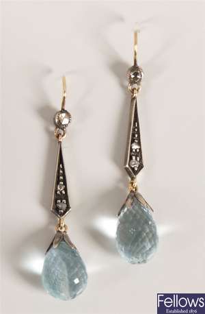Pair of aquamarine and diamond dropper earrings