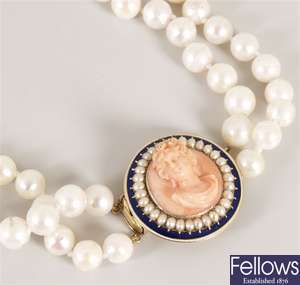 Two row of uniform cultured pearl on an 18ct gold