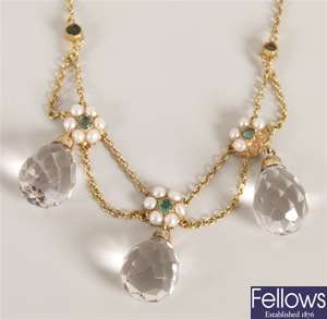 Rock crystal, seed pearl and emerald necklet with