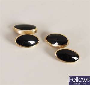 A pair of 9ct gold oval onyx set chain link