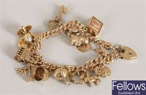 9ct gold curb link charm bracelet, set with