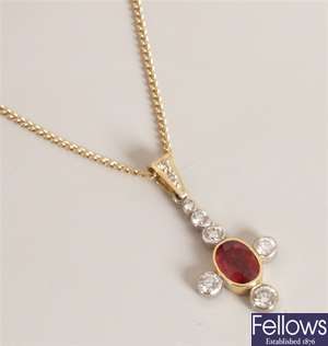 18ct gold ruby and diamond pendant with three