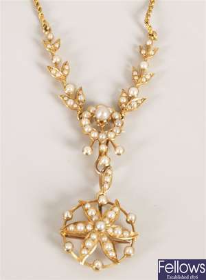 Edwardian 15ct gold seed pearl foliate design