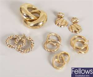 Six pairs of 9ct gold earrings, to include a pair