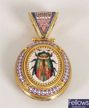 Micro mosaic oval pendant with central scarab