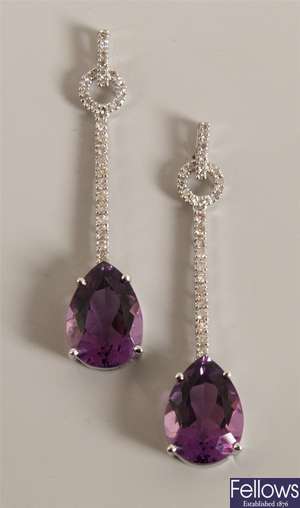 Pair of 14k white gold amethyst and diamond