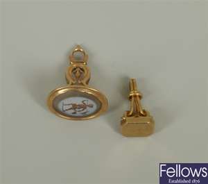 Two 18ct gold fobs to include a chalcedony set