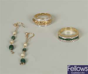 Three items, to include a pair of emerald bead